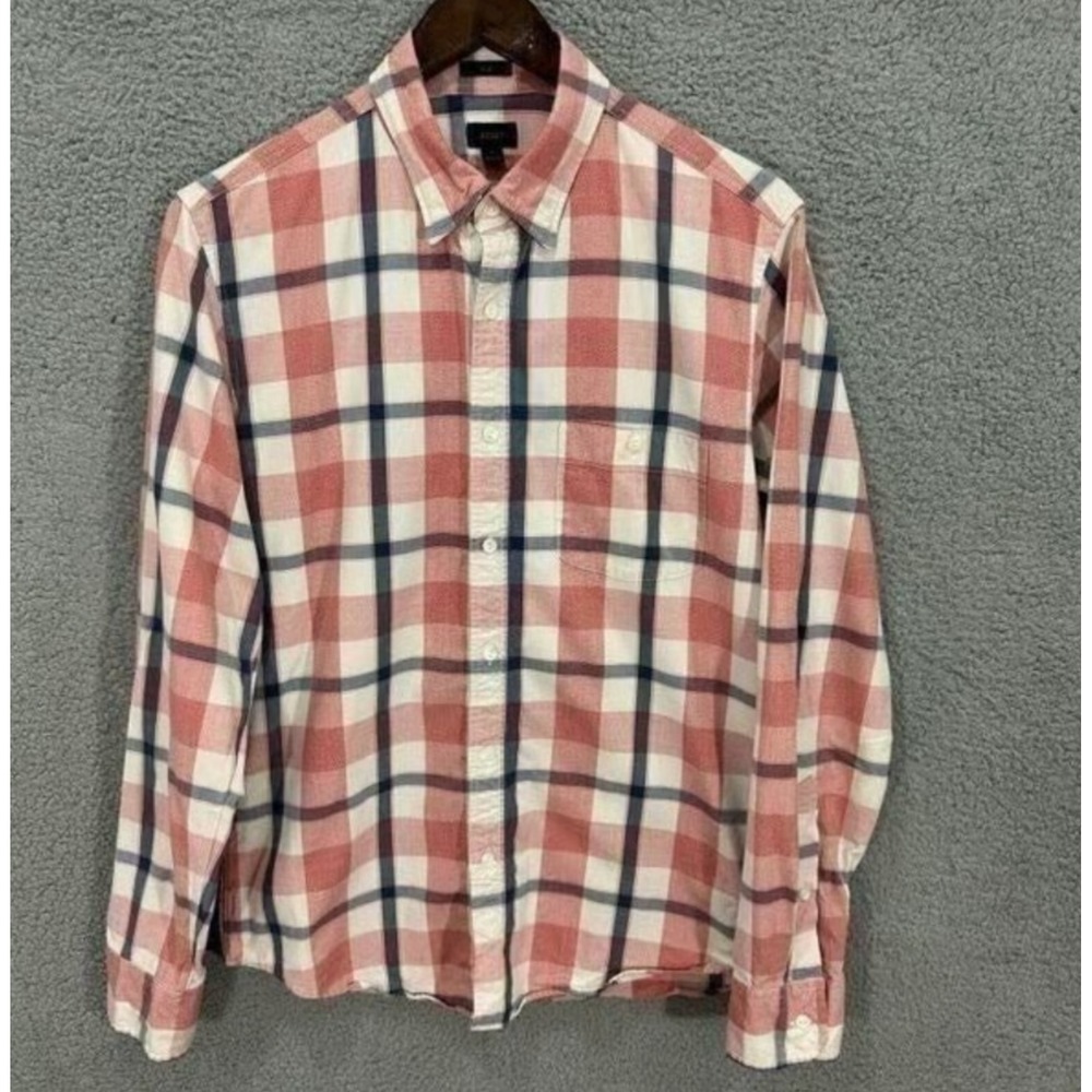 J.Crew Button Down Shirt Mens Medium Slim Fit Pink Plaid Long Sleeve Preppy‎